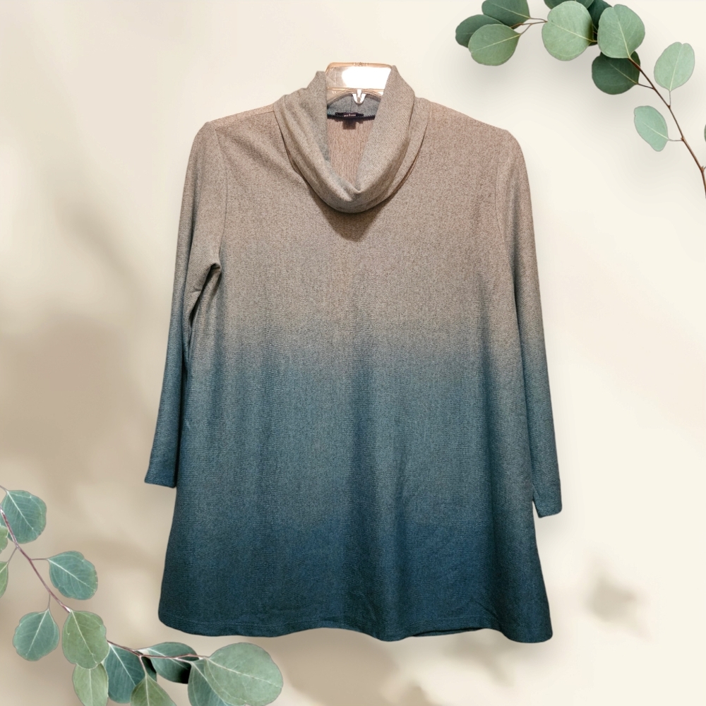 NWT New Direction Cowl Neck Top, 3/4 Sleeve, Turquoise Ombre - Size Large